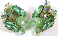 Alice Caviness Rhinestone Earrings Green Iridescent Bead Clip VTG D1722