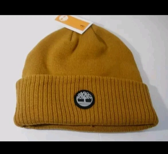 Timberland Men's Cuffed Rubber Logo Beanie Winter Solid Wheat Brown 1 Size $42