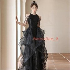 Womens Pretty Halter Beaded Falbala Flared Evening Party Dress Cocktail Prom