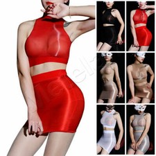 Women Bodycon Two Piece Wetlook Shiny Tank Top & Mini Skirt Cocktail Party Dress
