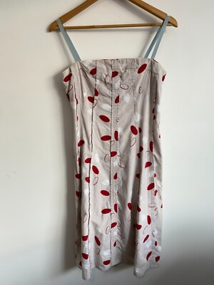 Cue Cotton Dress Womens Size 10 Beige Red Square Neck Strappy Zip Flowy  A-Line | eBay