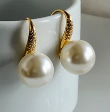 Sea Shell  12mm White Pearl  Dangle/Drop Hoop Earrings  Yellow Gold Plate Silver