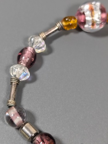 Beachy Coastal Purple Golden Art Glass Bead Silver Tone Toggle Bracelet 7.5 inch - Picture 5 of 11