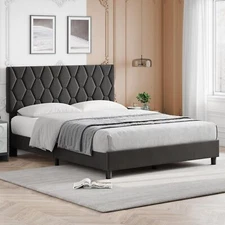 Full Size Bed Frame ,Upholstered Headboard Modern Platform Bed Strong Wood Slats