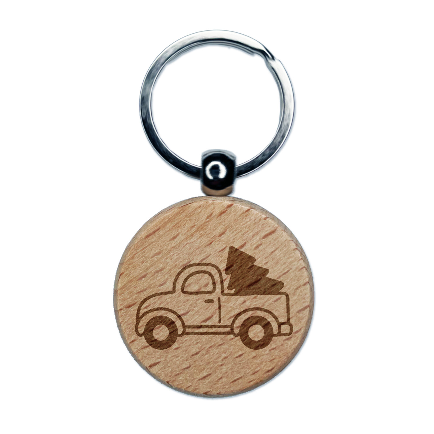Cute Truck with Christmas Tree Engraved Wood Round Keychain Tag Charm