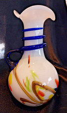 MCM Murano Art Glass Ruffled Top Vase Applied Cobalt Blue Roping and Handle 7"