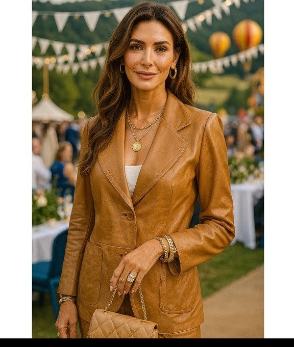Chaqueta Blazer Retro OLLY London Mujer Cuero Real Marrón Tostado Talla 10 Occidental Usada en Excelente Condición