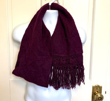 Alpaca Peru Burgundy Scarf Fringe Crochet Trim Soft Knit Wrap Shawl