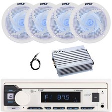 Pyle Boat Stereo MP3 Receiver, 4x 4" 100W Blue LED Speakers, 4-Channel Amplifier