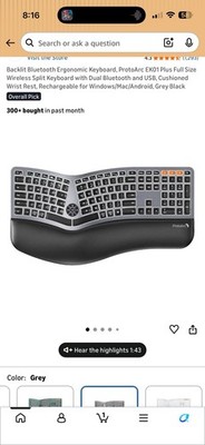 ProtoArc EK01 Plus Backlit Wireless Ergonomic Workspace Keyboard Full Grey Black