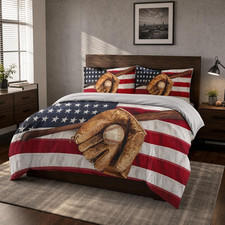 Twin Baseball Bedding Set - American Flag Comforter  Pillowcases for Kids