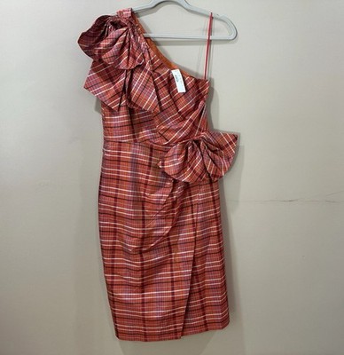 J.Crew Ocho One-Shoulder Silk Blend Plaid Bow Midi Dress Orange Womens 6 NWT
