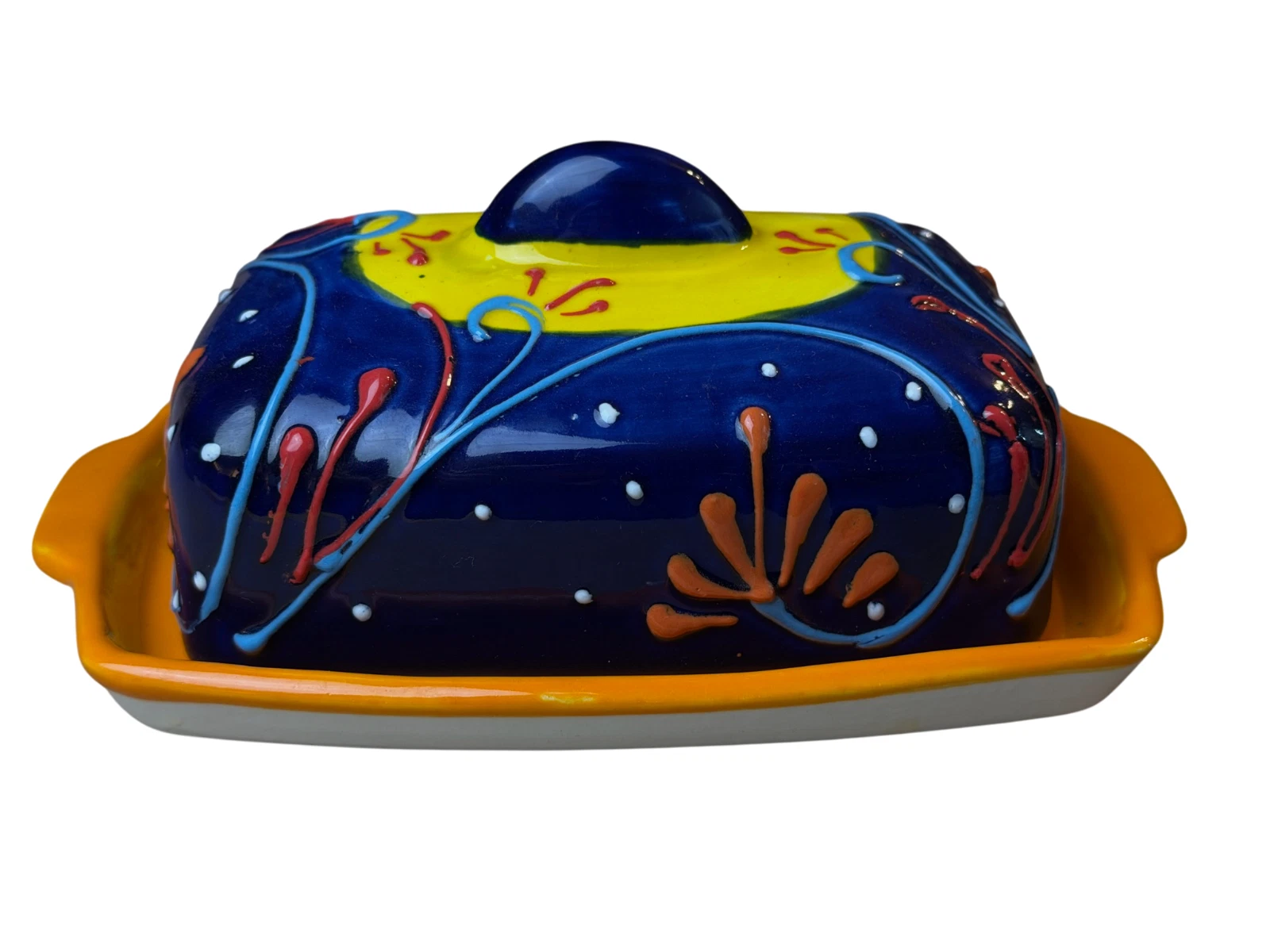 Hand Painted Butter Dish Made in Spain Blue Orange Colorful Art