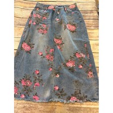 Floral Denim Maxi Skirt Large Boho Festival Western Girly Country Prarie Summer