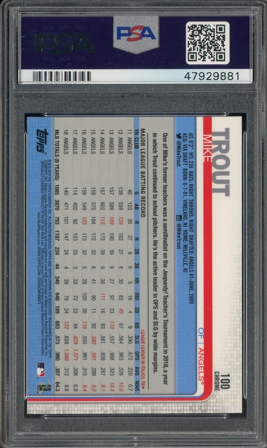 2019 Topps Chrome Sapphire Edition #100 Mike Trout Angels PSA 10 GEM MINT view 2