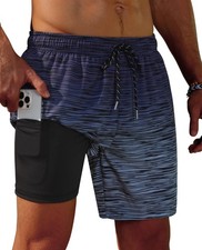 Mens Swim Trunks with Compression Liner Men's Swimwear 7 inch with Compressio...