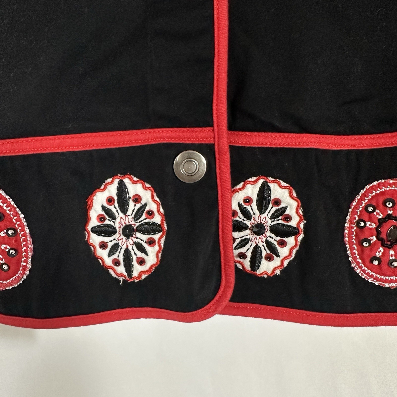 Ruby Red Black Blazer Jacket Red Trim Embroidered… - image 5
