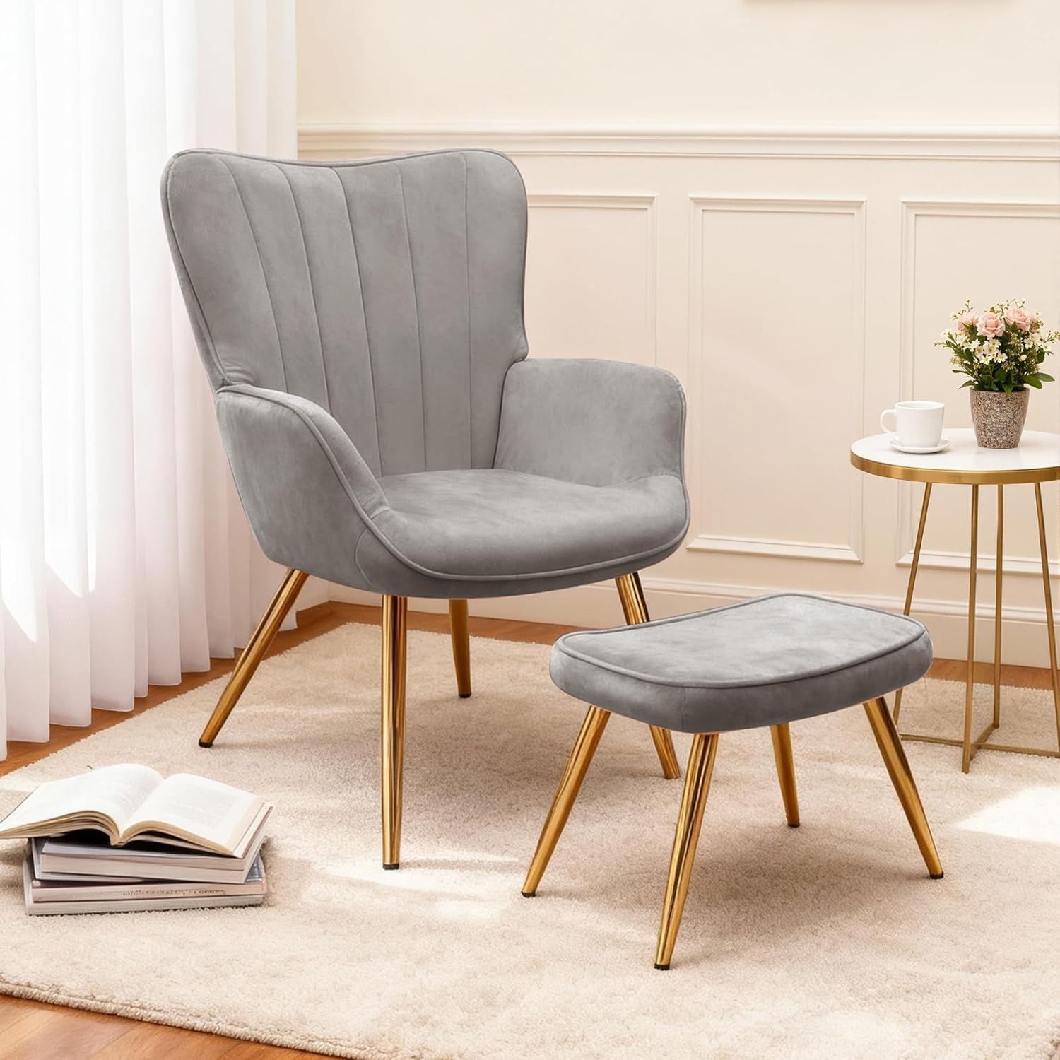 BonVache Modern Armchair with Footstool, Wing Back Accent Chair with Ottoman, Lo