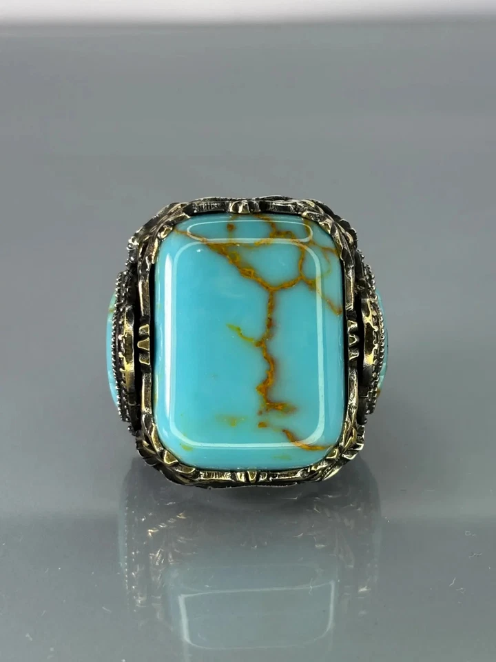 Anel masculino de prata esterlina 925 Aquamarine, anel de pedra preciosa azul turca - Imagem 3 de 4