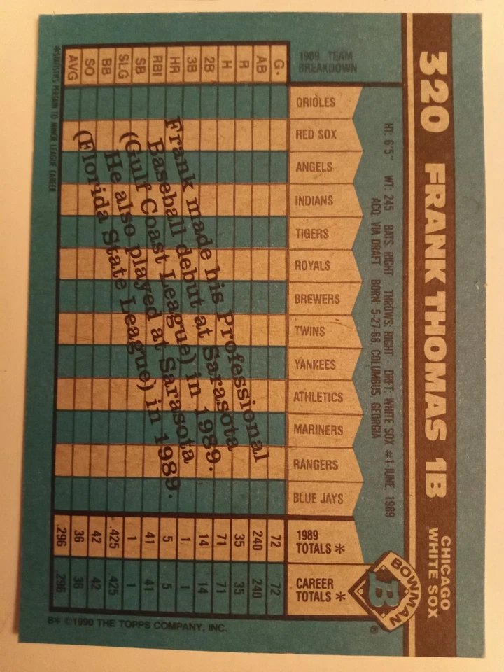 Bowman 1990 - Frank Thomas #320 edición coleccionista (Tiffany) (RC) Foto 2 de 2