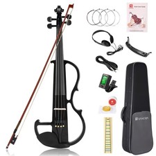 Vangoa Full Size 4/4 Solid Wood Electric Silent Violin with Chin Rest Ebony Fit