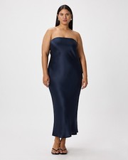 Quince Women 100% Washable Silk Strapless Midi Dress Navy M