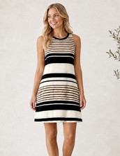 LOFT Womens Multi Stripe Tie Neck Swing Dress Size XS Comfy Jersey Stretch $70