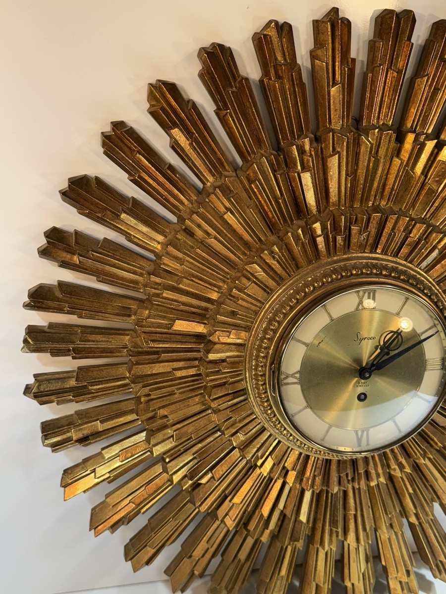 Mid Century Modern Sunburst 23” Wall Clock Gold Wind Up SYROCO | eBay