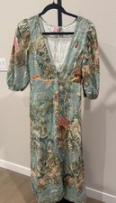 Farm Rio Tropical Jungle Midi Dress Puff Sleeve Button Front Brazil SZ P