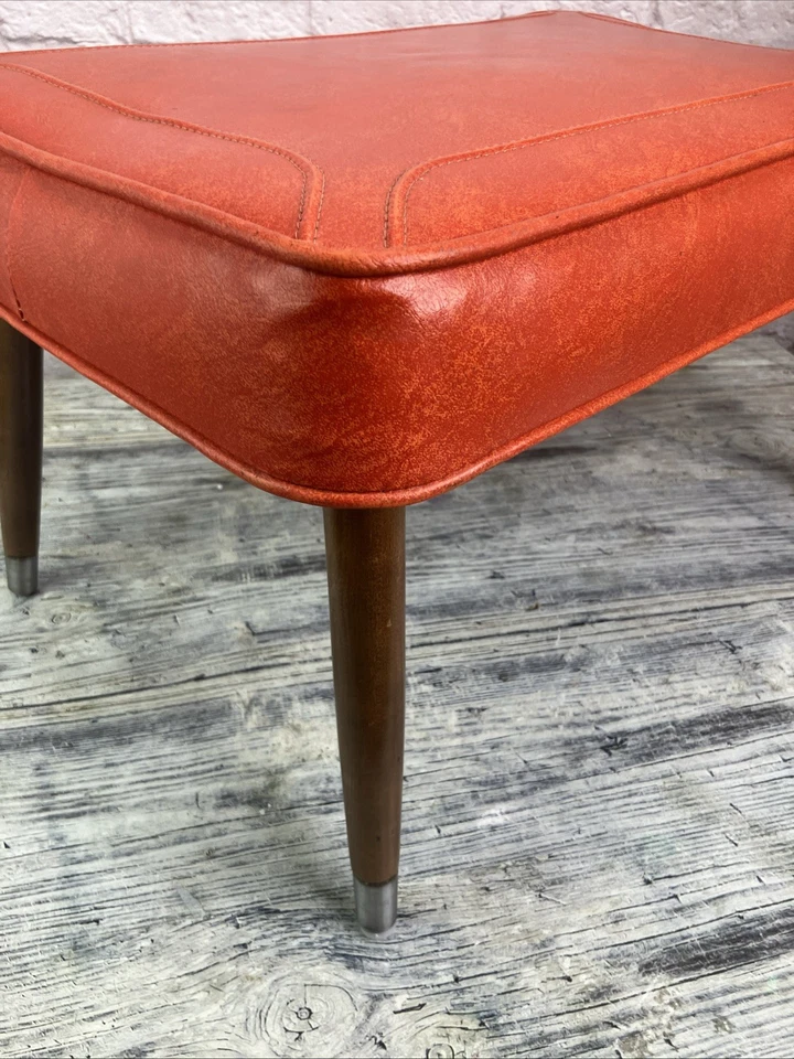 Vintage Retro MCM Orange Vinyl Footstool Bench Wood Legs 21”x12.5”x12.5” - Image 4 of 4