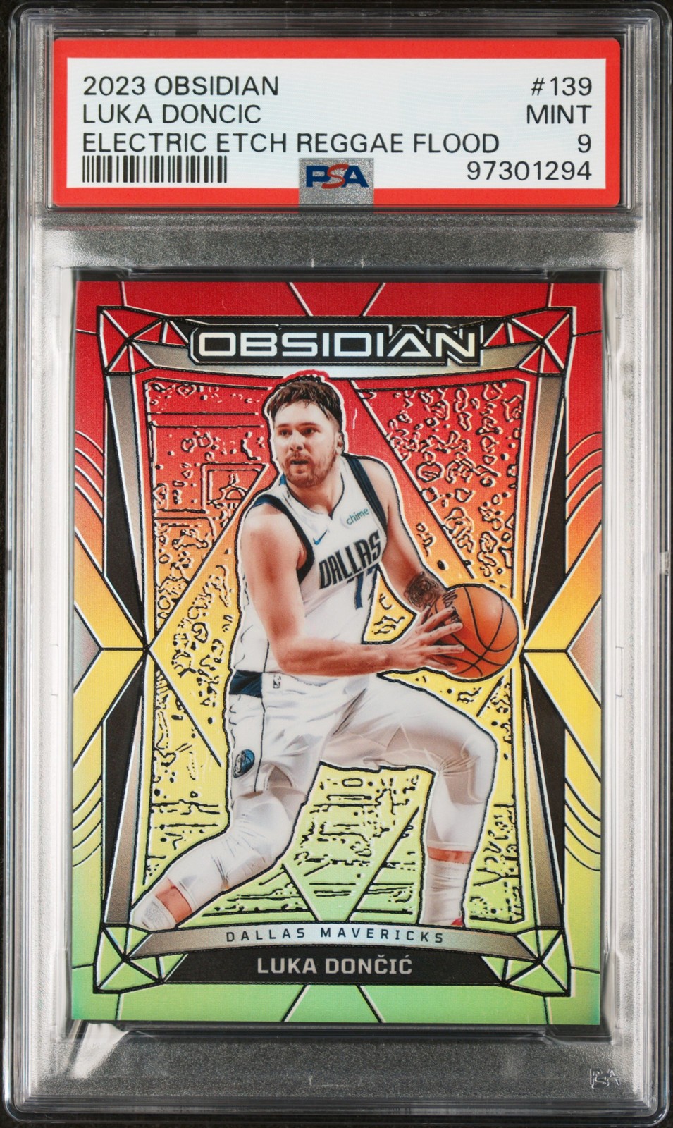2023 Panini Obsidian Luka Doncic Electric Etch Reggae Flood #139 40/75 PSA 9