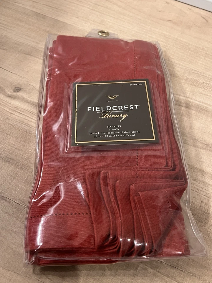 4 Vintage Fieldcrest Luxury Large Linen Table Napkins Set Red New 22x22in - Image 3 of 4