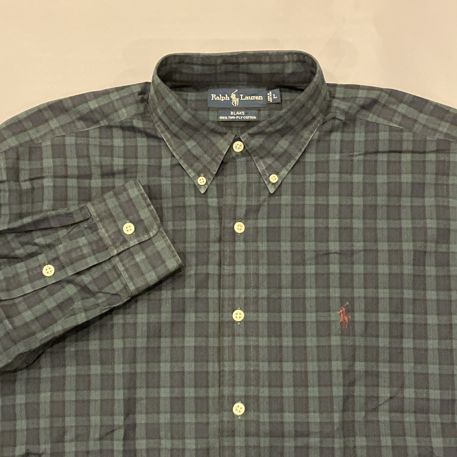 VTG Polo Ralph Lauren Button-Down Shirt Men’s L Blake Oxford Plaid Blue Green