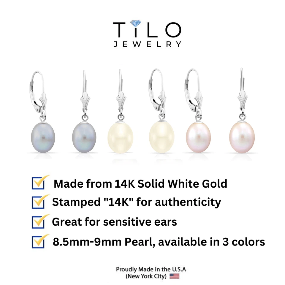 Pendientes colgantes de perlas de agua dulce ovaladas naturales de oro blanco macizo de 14K de 8,5-9 mm Foto 2 de 4