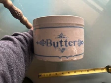 Antique Small Blue Paint Salt Glaze Stoneware Butter Crock