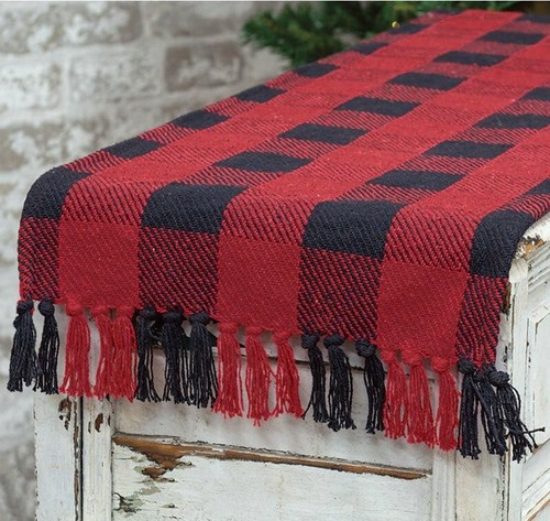 NEW - BUFFALO Check Cotton Table Runner RED and BLACK 14" x 64" Including Fringe
