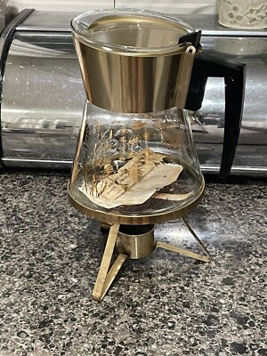 Vintage Mid Century Douglas Flameproof Gold Wheat Coffee Carafe Stand & Tea