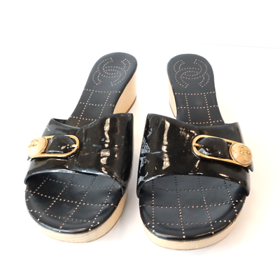Vintage Chanel Patent Leather Wood Mule Wedges Slip On Logo
