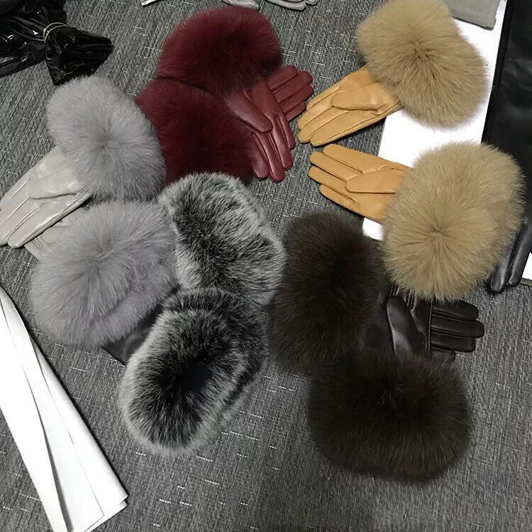 Women Genuine Lambskin Leather Gloves With Real Fox Fur Trim Cuff Winter Warm - Image 3 of 4