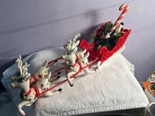 Vintage Blow Mold 4 Reindeer & Felt Sleigh Centerpiece EX8126