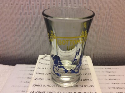 BOTTOMS UP SHOT GLASS New MONKEYS HANGING UPSIDE DOWN Blue/Yellow
