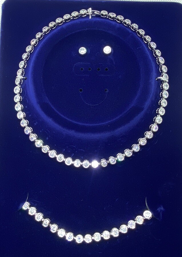 Tennis Necklace Earrings Rhodium Wedding Bracelet set Swarovski Inspired  3pc Set