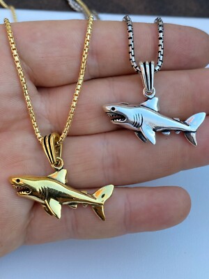 Solid 925 Sterling Silver 3D Great White Shark Gold Plated Mens 