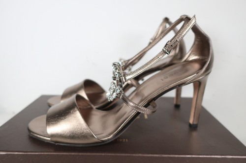 Gucci Metallic Bronze Leather Embellished GG Logo Ankle Strap Sandals Size 39 - Picture 7 of 19