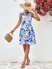 Women's Dress Summer All-in-one Floral Print Short V-neck Sleeveless Dress