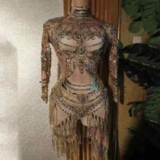 Luxury Women Sequin Print Fringes Rhinestone Jumpsuit Dancer Stage Wear Costume
