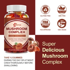 Mushroom Complex Supplement Gummies - 10 Mushrooms Lions Mane, Reishi, Chaga