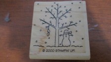 STAMPIN UP 2000 Rubber Stamp on Wood TREE IN WINTER TIME w/ SNOWMAN 1.75" x 1.5"