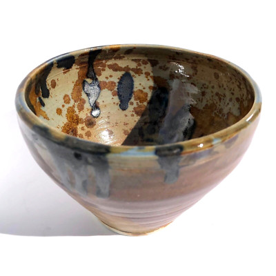 Handmade Studio Art Pottery Bowl Metallic Drip Glaze Brown Blue 4.5'' diameter