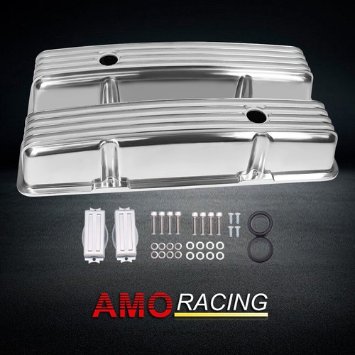 Retro Finned Polished Aluminum Tall Valve Covers Fit Chevy SBC 350 400 1958-1986 - Picture 2 of 5